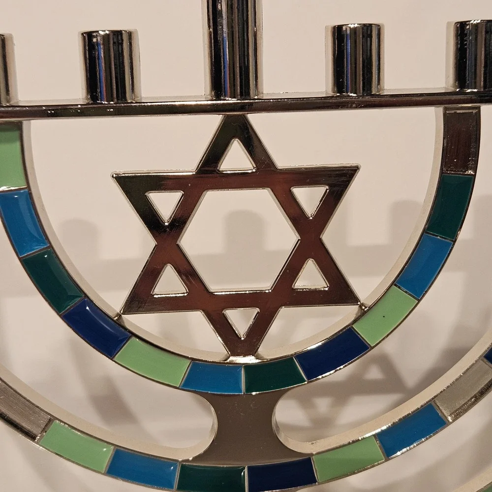 Menorah Hanukkah Chanukiah Silver Blue Green Enamel Star of David with Candles